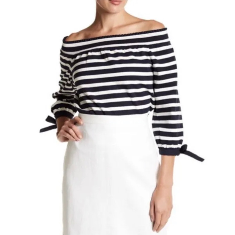 J Crew Women's Striped Shirt Long Sleeve Off The Shoulder Top Blue White Small